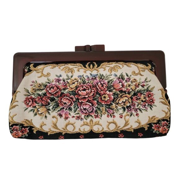 Vintage Floral Tapestry Hinged Clutch Purse Handbag Lucite Kiss Lock Hong Kong - Picture 1 of 8
